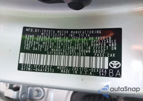 2015 Toyota Corolla S Plus из США, поврежденный, VIN 5YFBURHE6FP233011